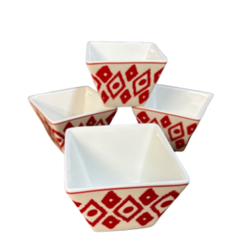Ciroa Red & White Ikat Square Porcelain Bowls – Set of 4
